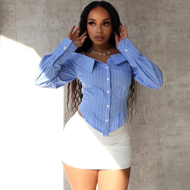 Off-Shoulder Blouse – Sexy Wrap Top With Ruffled Sleeves & Slimming Waist (S-XL, Bluish)_ecoleips.com