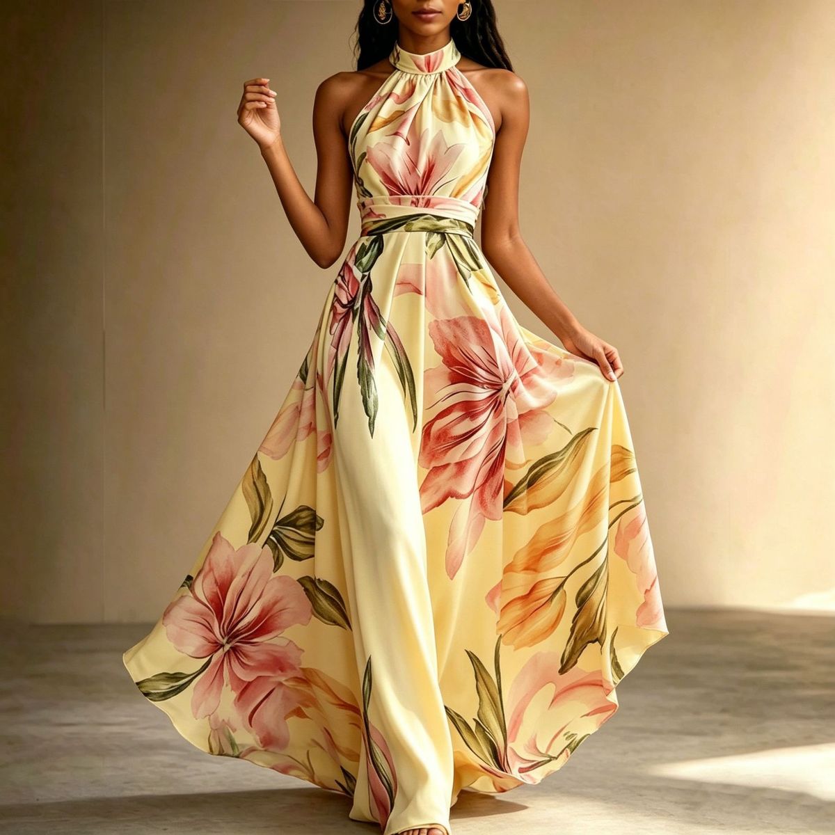 Summer New Women's Elegant Slimming Printed Dress Halter Neck Long Full Skirt American Vacation Style_ecoleips.com