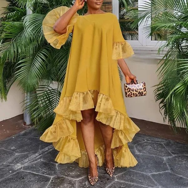 Women's Clothing 3 Point Sleeve Irregular Hem Holiday Party Dress Lace Stitching Dress_ecoleips.com