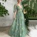 Green Tulle Evening Gown Floor Length V Neck Floral Print Puff Sleeves Sexy Long Dress Style Ball Dress_ecoleips.com