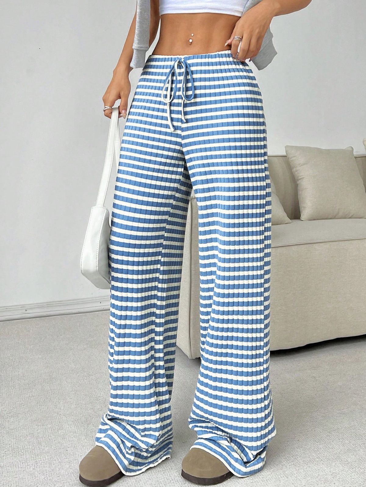 Women's Casual Striped Solid Color Elastic Drawstring Cotton Straight Pants Autumn Winter Style Clothing_ecoleips.com