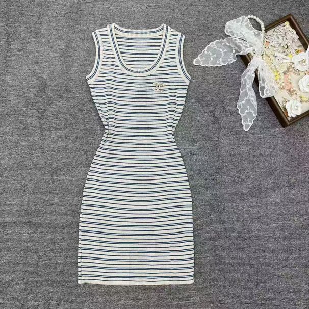 Icy Silk Women's Slim Fit Sleeveless Dress Luxury Elegant Striped Pullover New Style Summer_ecoleips.com