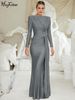 Hugcitar 2025 Spring Eleagnt Solid Long Sleeve Shoulder Pads Ruched Sexy Maxi Dress Women New Clothes Evening Party Festival_ecoleips.com