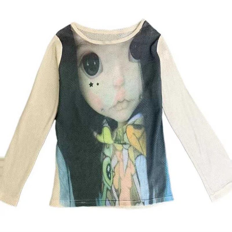 New 2025 European And American Style Long Sleeve T-Shirt for Women Unique Little Witch Print Slim Fit Sexy Short Top_ecoleips.com