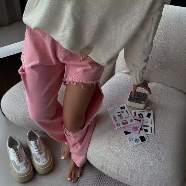 Women's Clothing Ragged Big Hole Design High Waist Jeans For Women Pink Dopamine Long Pants For Women Slim_ecoleips.com