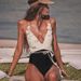 Women's Black & White Floral One-Piece Swimsuit - Deep V-Neck Elegant Swimwear_ecoleips.com