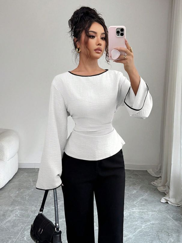 Slim Waist Boat Neck Top for Women Fashion Casual Versatile Street Style Flared Long Sleeve Solid Color European American 2026_ecoleips.com