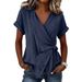 Voya Women's New Casual Solid Color Short Sleeved Top, New Lapel Tie Irregular Top, Multiple Colors To Choose From_ecoleips.com