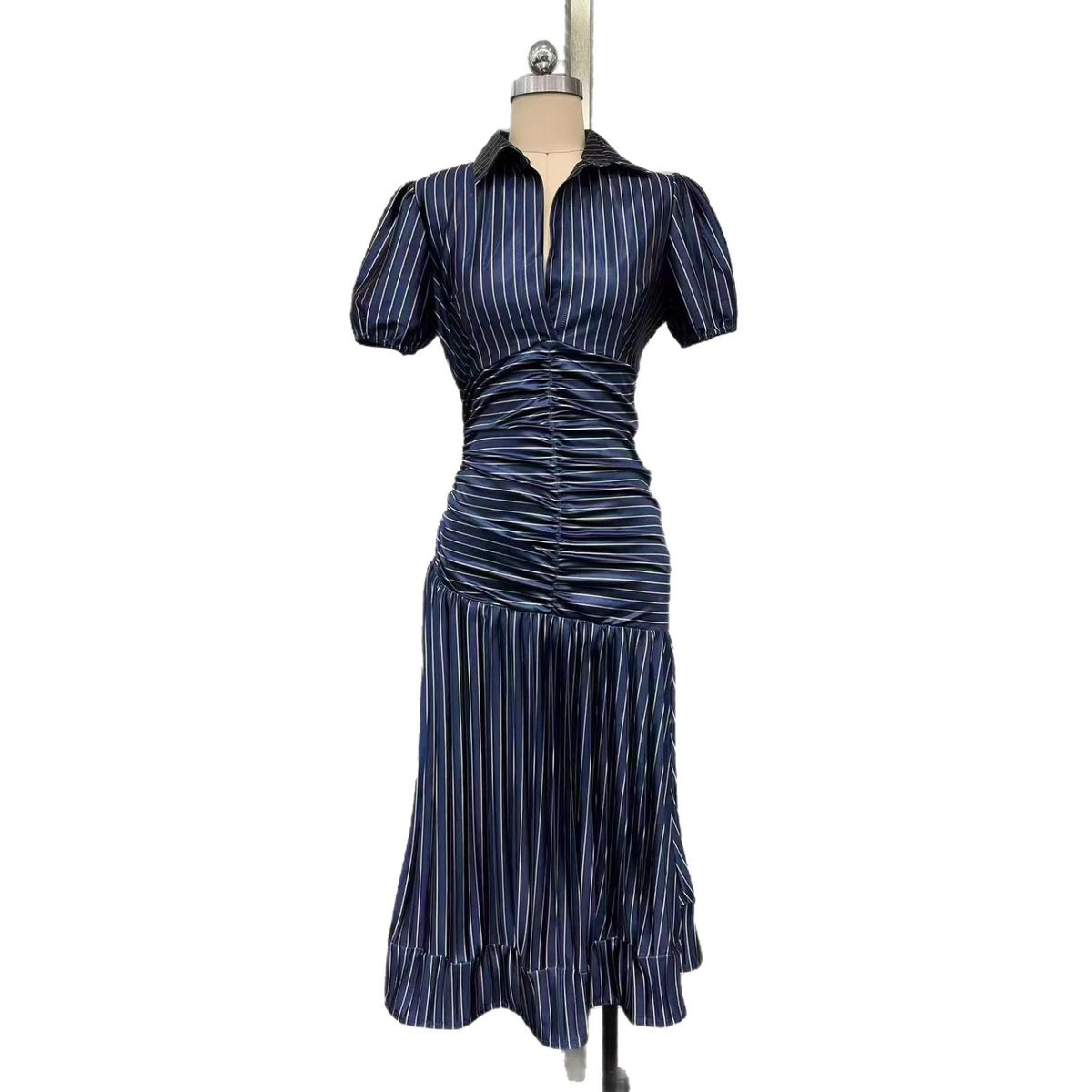 2026 European And American Women's Clothing, Striped High-waisted Shirt Dress, Waist-cinching, Slimming, Short-sleeved,_ecoleips.com