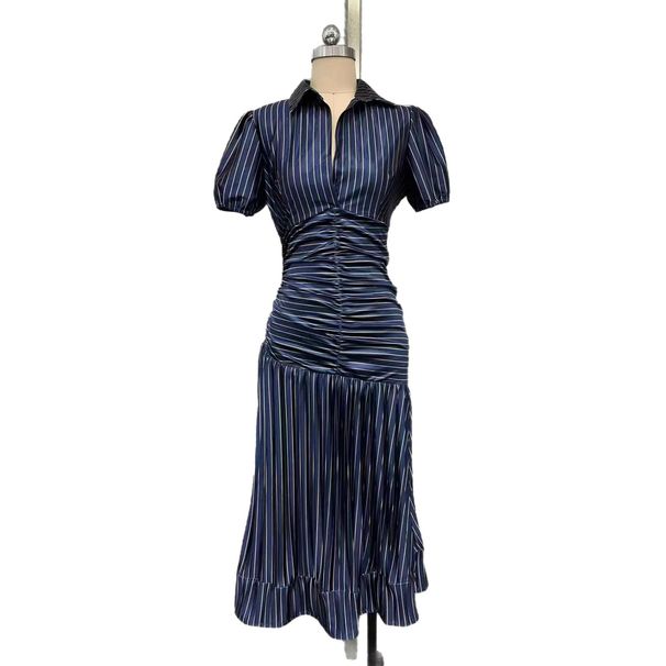 2026 European And American Women's Clothing, Striped High-waisted Shirt Dress, Waist-cinching, Slimming, Short-sleeved,_ecoleips.com