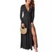 Women's Deep V Neck Long Sleeve Dress High Waist Pleated Slit Club Party Evening Gown Solid Color_ecoleips.com