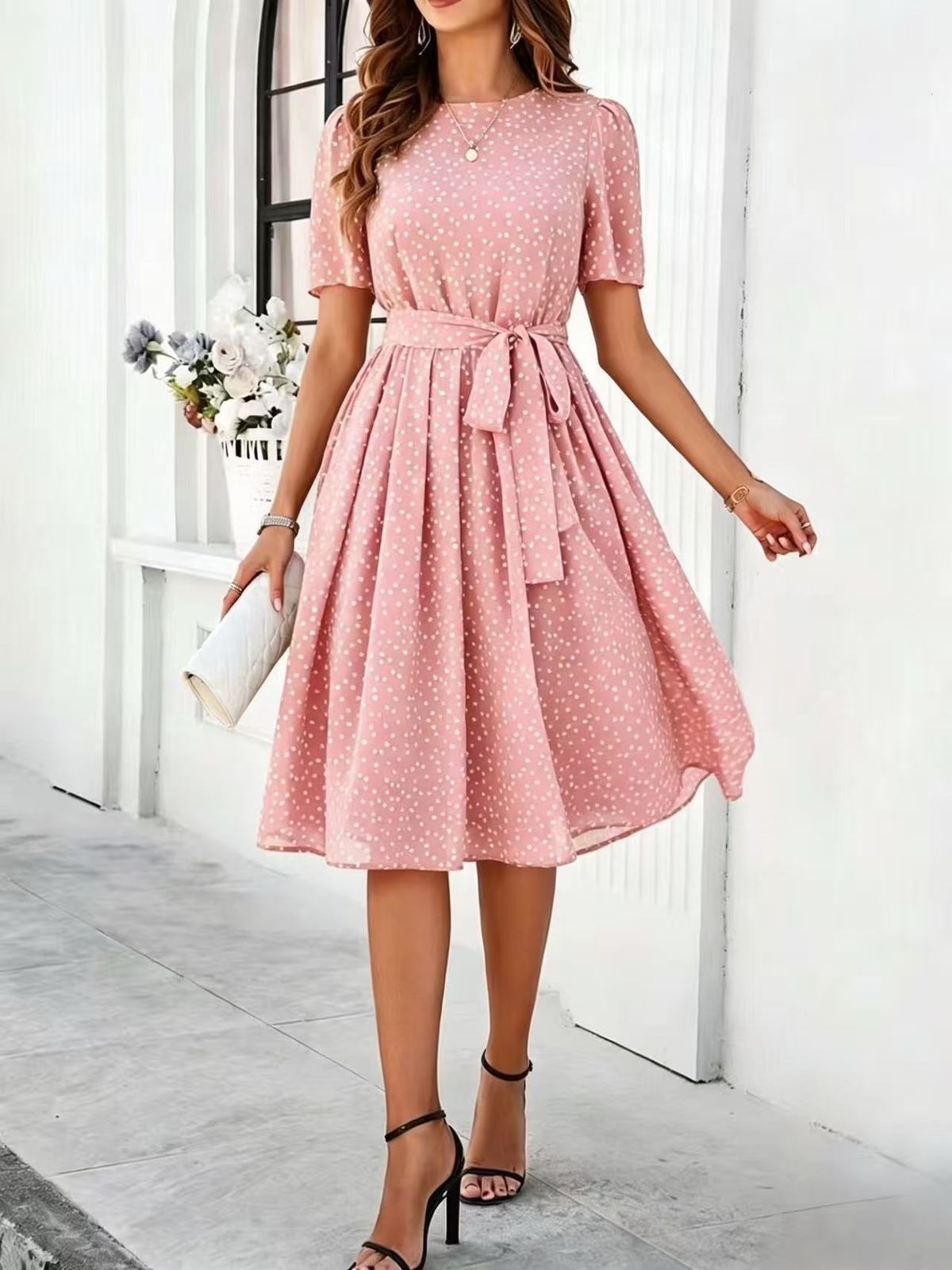 Women's Elegant Casual Polka Dot Print Dress Tie Up Spring Summer_ecoleips.com