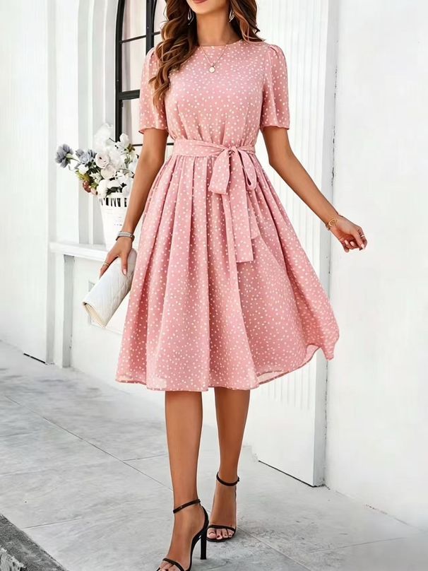Women's Elegant Casual Polka Dot Print Dress Tie Up Spring Summer_ecoleips.com