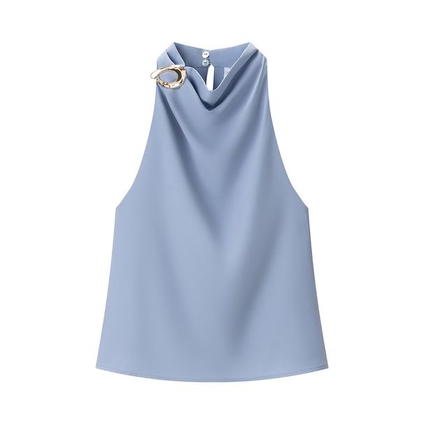 Women's Clothing Halter Neck Top Chic Fashionable Embellishments Regular Fit Polyester Tank Top_ecoleips.com