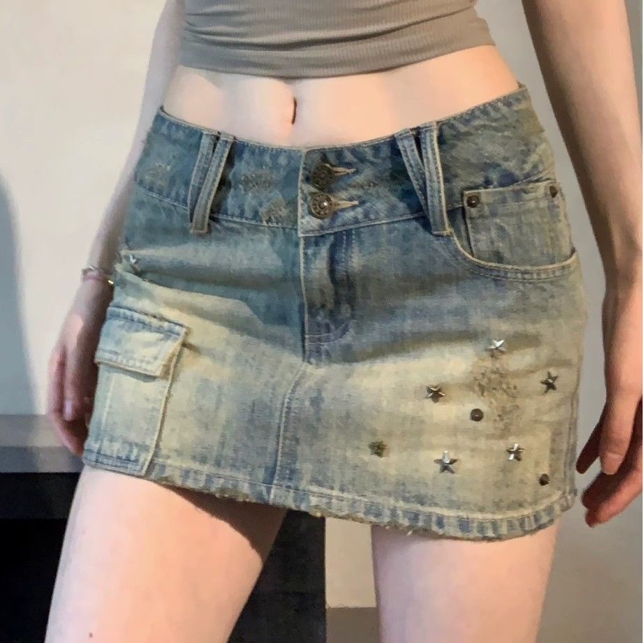 Verve 2025 New American Style Star Rivet Denim For Women Summer High Waist Slim Fit Bodycon A-line Skirt_ecoleips.com