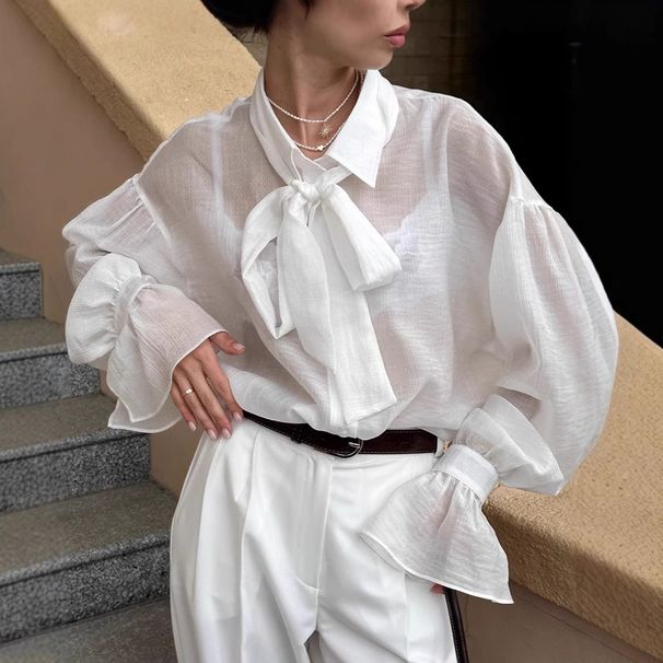 Women's Clothing White Tencel Shirt High End Loose Bowknot Trumpet Sleeve Top_ecoleips.com