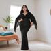 Elegant Solid Color Deep V High Waist Chiffon Sequin Splicing Long Evening Gown Formal Party Dinner Prom Dress_ecoleips.com