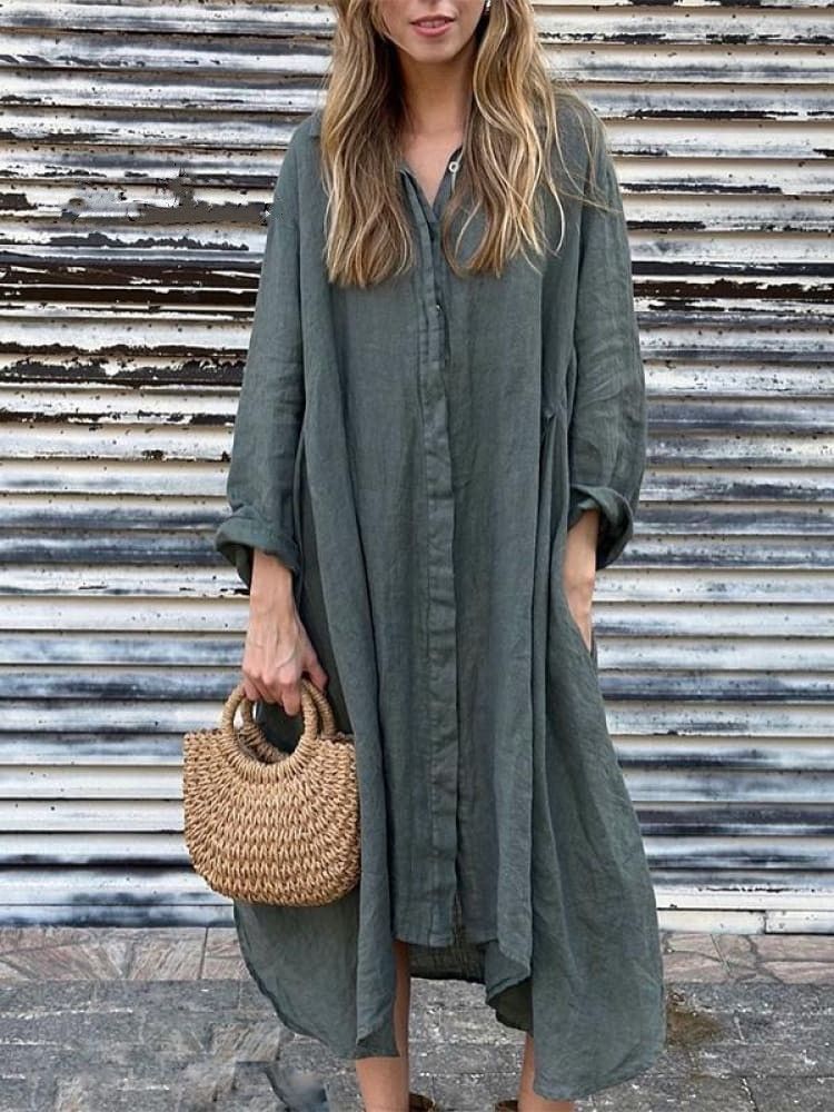 Women's Clothing Cotton And Linen Fashion Casual Long Sleeved Shirt Long Dress_ecoleips.com