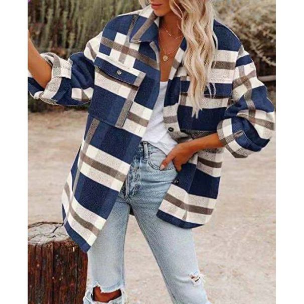 Winter And Autumn Long-Sleeved Loose-Cut Plaid Sweater With Woolen Warm Coat For Women's Wholesale_ecoleips.com