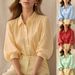 Women's Relaxed Fit V-Neck Puff Sleeve Striped Shirt, Chic Casual & Commute Blouse For Trendy Style_ecoleips.com