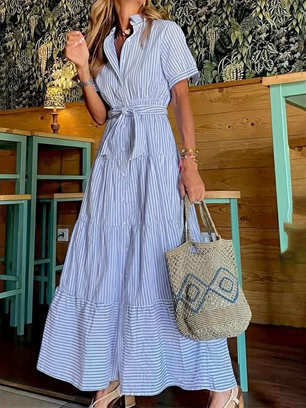 Cross-border Foreign Trade Summer New French-style With A Turn-down Collar, Striped Color-blocking, Waist-cinching,_ecoleips.com