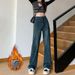 Fleece-Lined Jeans For Women, Autumn And Winter New High-Waisted Loose Straight-Leg Pocket Design Draped Wide-Leg_ecoleips.com
