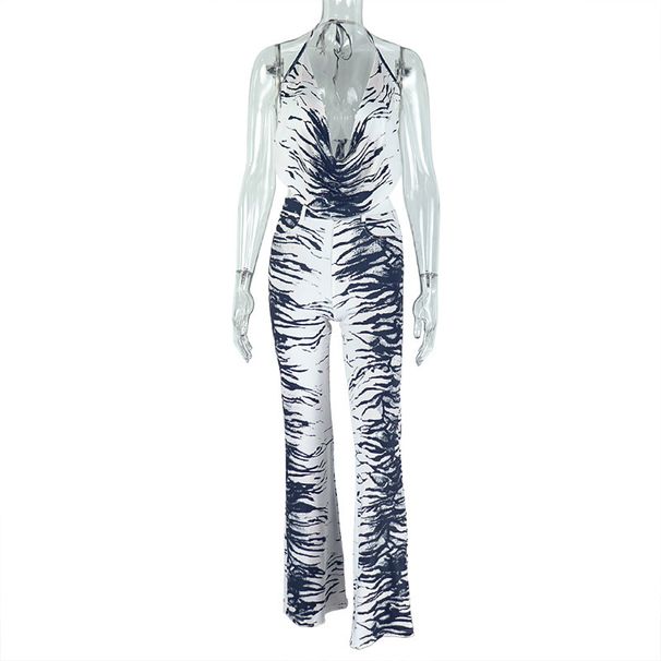 Women's Clothing Fashion Zebra Print Two Piece Set European American Style Wide Leg Pants Suit Backless Tie Black White Color Block Women's Loose_ecoleips.com