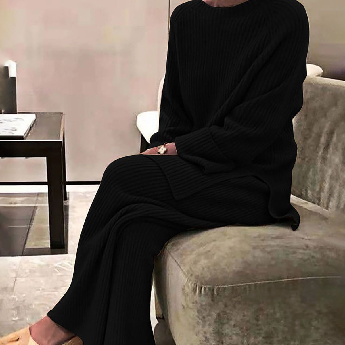 Women's Clothing Autumn/Winter Oversized Knit Sweater Set – Long-Sleeve Two-Piece Outfit (S-3XL, Wool Blend, Solid Colors, Casual & Office Wear)_ecoleips.com