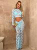 Women's perspective round neck high waist long sleeve waist hip skirt two-piece lace skirt_ecoleips.com