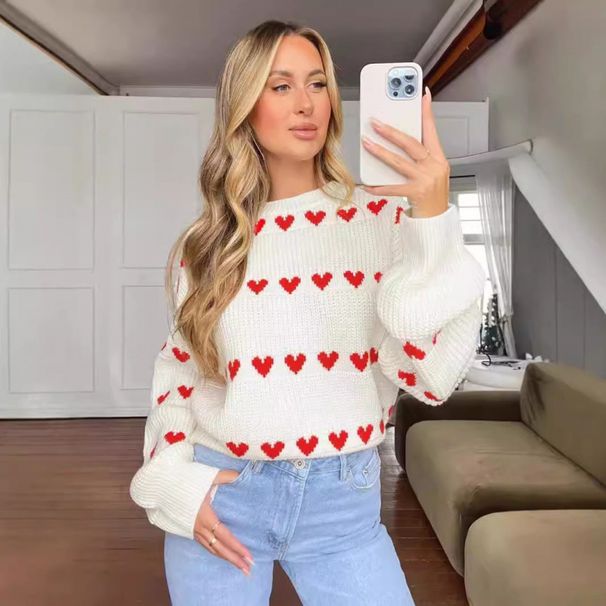 Sweet And Lovely Heart-Shaped Two-Color Jacquard Contrasting Round-Neck Long-Sleeved Sweater Pullover For Autumn And Win_ecoleips.com