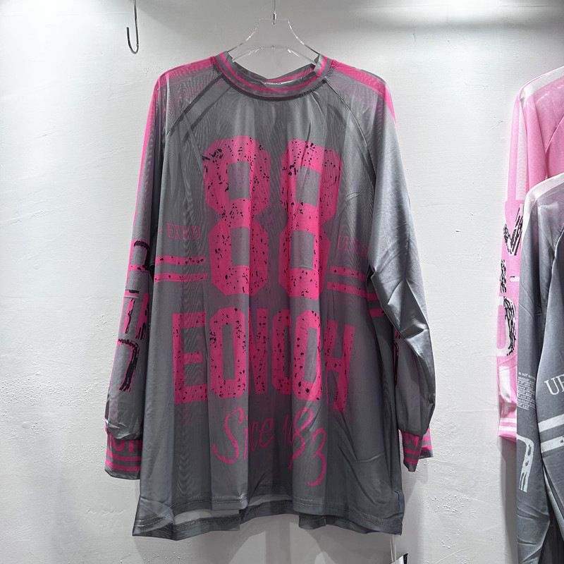 Women's Trendy Long Sleeved T-Shirt Loose Fit Round Neck Casual Top European American Style 88 Letter Print Mesh Patchwork_ecoleips.com
