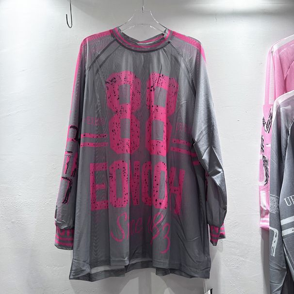 Women's Trendy Long Sleeved T-Shirt Loose Fit Round Neck Casual Top European American Style 88 Letter Print Mesh Patchwork_ecoleips.com