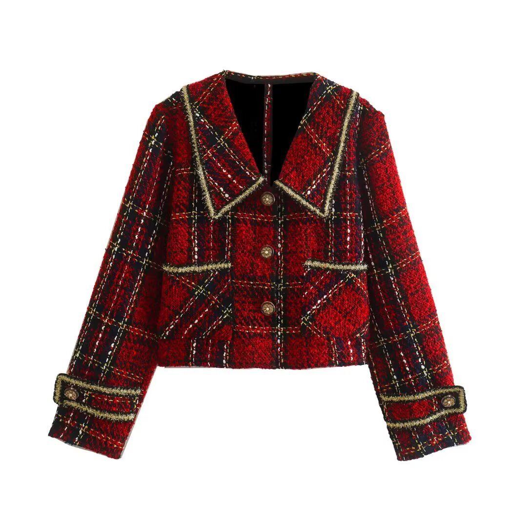 Women's Stylish Casual Classic Versatile Tweed Jacket - Red Checkered Pattern, Relaxed Fit, Long Sleeve, Polyester Blend Fabric_ecoleips.com
