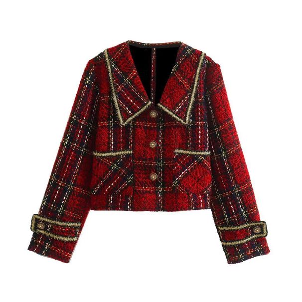 Women's Stylish Casual Classic Versatile Tweed Jacket - Red Checkered Pattern, Relaxed Fit, Long Sleeve, Polyester Blend Fabric_ecoleips.com