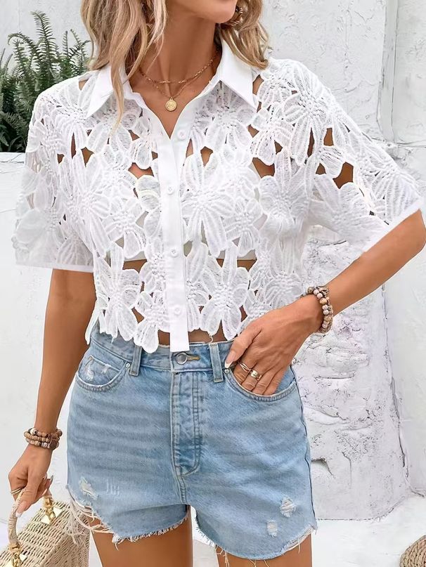 Women’s Lace Blouse – Short Sleeve Elegant Shirt (Black/White) | S-XXL | Office & Vacation_ecoleips.com