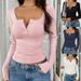 New 2026 Women's Lace Top Button V Neck Slim Fit Long Sleeve Fashionable Autumn Winter Fashion For Women's T-Shirts_ecoleips.com