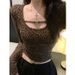 Aria Basics Aria Basics European American Sexy Leopard Print U-neck Slim-fit Long-sleeve T-shirt For Women, Pure And Mature Style, Short Cropped_ecoleips.com