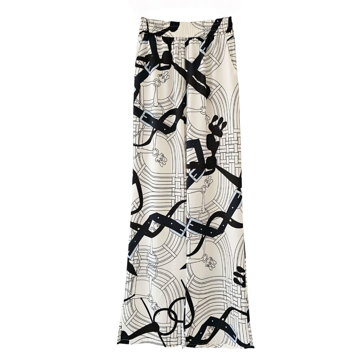 Women's Slimming Monogram Saddle Pattern Wide Leg Pants Flowy Summer Thin Satin Color Block Casual Pants_ecoleips.com
