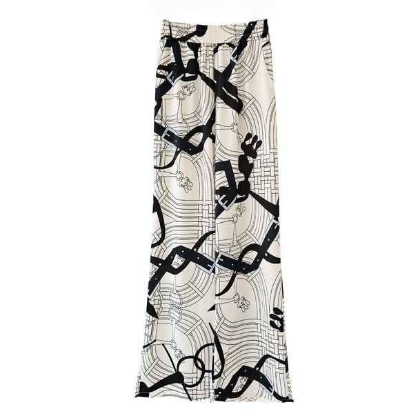 Women's Slimming Monogram Saddle Pattern Wide Leg Pants Flowy Summer Thin Satin Color Block Casual Pants_ecoleips.com