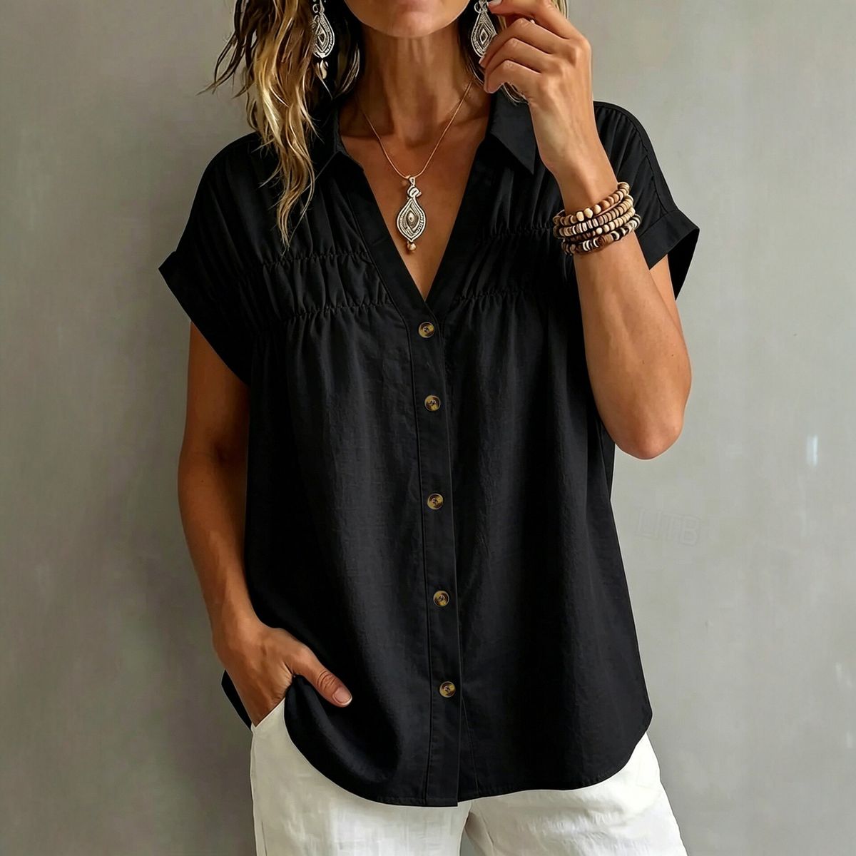 V Neck Loose Fit Slimming Single Breasted Pleated Women's Shirt Blouse Top Relaxed Everyday Wear Comfortable Feshion_ecoleips.com