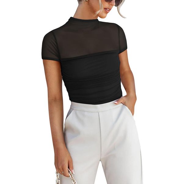 Women's Clothing High Collar Double Layer Mesh Short Sleeve Top_ecoleips.com
