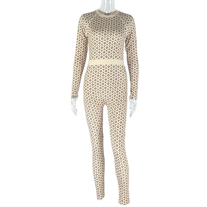 Women's Slim Fit Jumpsuit Casual Print Round Neck Long Sleeve Stretch Waist Bodysuit American Style Home Fashion_ecoleips.com
