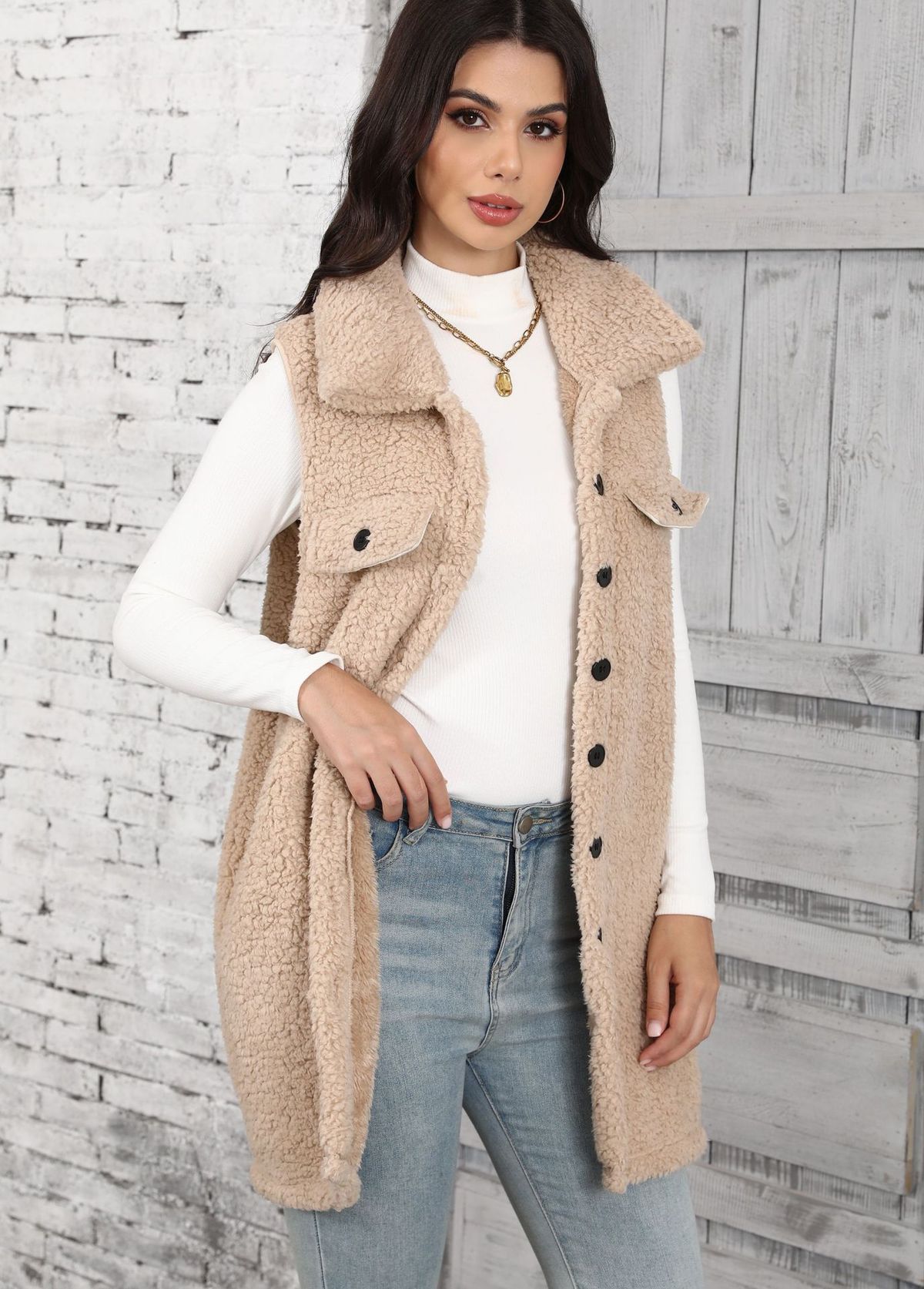 Fuzzy Fleece Vest For Women – Oversized Sleeveless Cardigan With Notched Collar & Pockets, Longline Plush Coatigan (Beige, S-XXL)_ecoleips.com