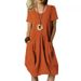 2026 Summer New Model Bestseller Cotton-linen Solid Color Loose Round-neck Short-sleeve Dress_ecoleips.com