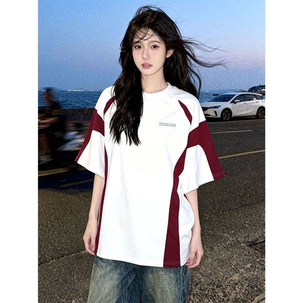 Unisex American Retro Color Block Contrast Sleeve Crew Neck Loose Short Sleeve Cotton Summer T-shirt_ecoleips.com