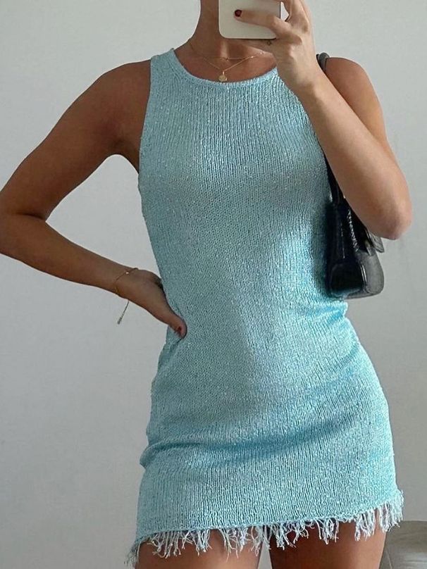 Hugcitar 2024 Summer Knitted O Neck Sleeveless See Through Tassel Sexy Slim Mini Dress Women Elegant Outfit Beach Vacation Party_ecoleips.com