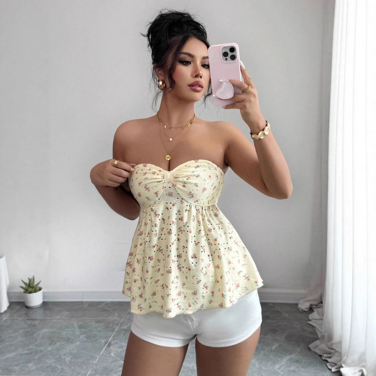 Women's Sexy Strapless Top European American Style Fashionable Pleated Jacquard Print Resort Style Top for Ladies_ecoleips.com