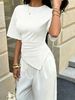 Women's Solid Color T-Shirt European American Style round Neck Irregular Hem Short Sleeve Top for Casual Fashion_ecoleips.com