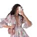 Vintage Print Floral Midi Dress Women V Neck Drawstring Tie Waist 3D Applique Decoration Casual Party Daily Elegant Dress_ecoleips.com