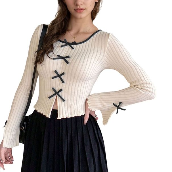 Voya New Beige Knitted Long Sleeved Shirt With Butterfly Bow Decoration On The Chest And Striped Temperament, Paired With A Base Shirt For Women's Wear_ecoleips.com